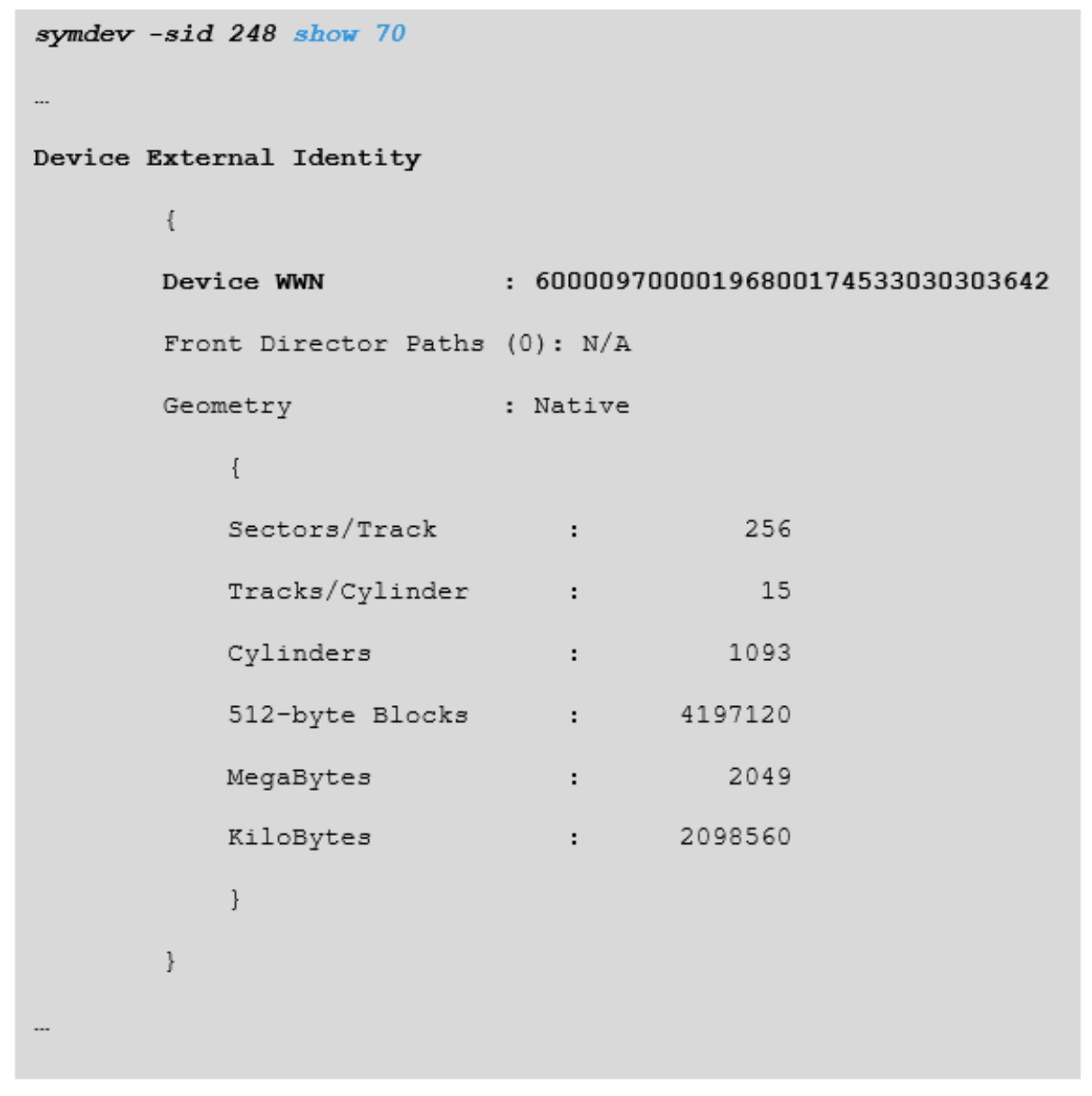 symdev show command output for target device (R2)