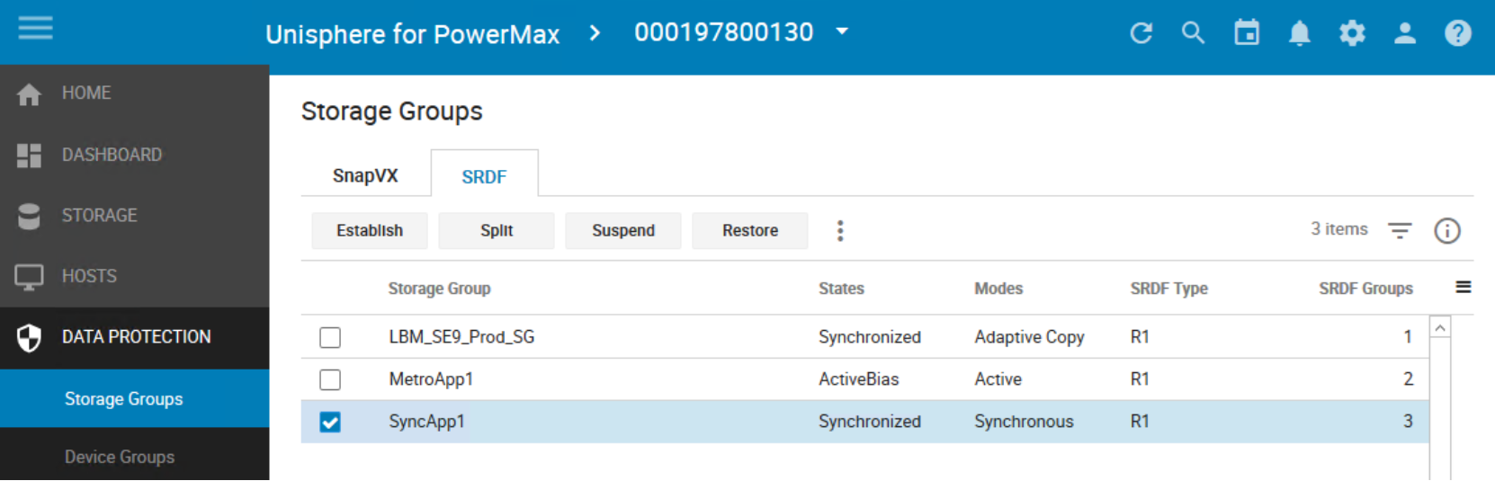 Select Storage Group SyncApp1 From Unipshere Storage group View under Data Protection.  Clicking into Selected Storage Group shows all device Pairs.