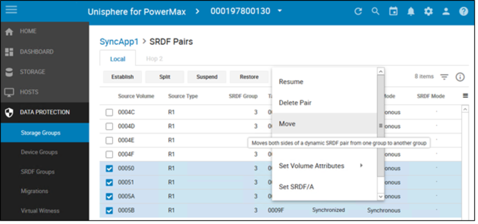 SRDF Pairs View under Storage Group View.  User has selected volumes 00050-0005B and accessed advanced menu selecting Move Option.