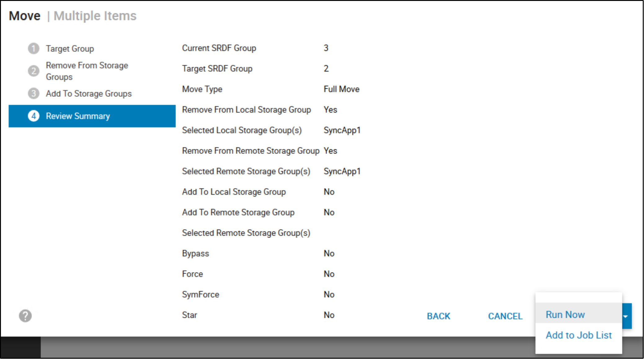 Summary of Move Action to be performed, Devices wile moved from SRDF Group 3 (synchronous) toSRDF Group2 (Metro).  User selects Run. Now