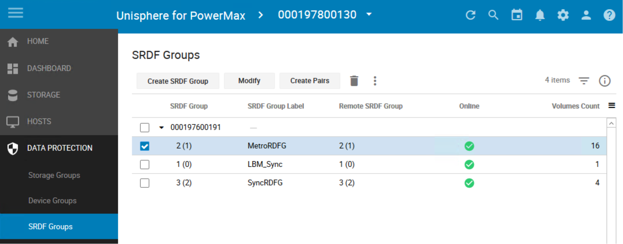 SRDF Groups View, volumes count for SRDF Group3 has increased to 16 after new pairs moved into the group and Group, Group 3  now has 4 volumes reduced from 8.