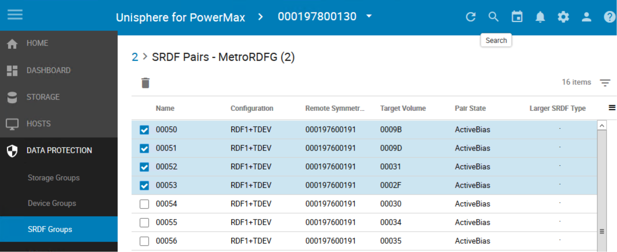 SRFDF Pairs view for SRDF group 2 now shows volumes 00050-00053 replicating in ActiveBias mode under SRDF group 2.