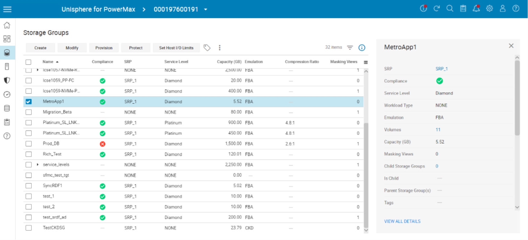 MetroApp1 Storage Group selected in Storage Groups View.