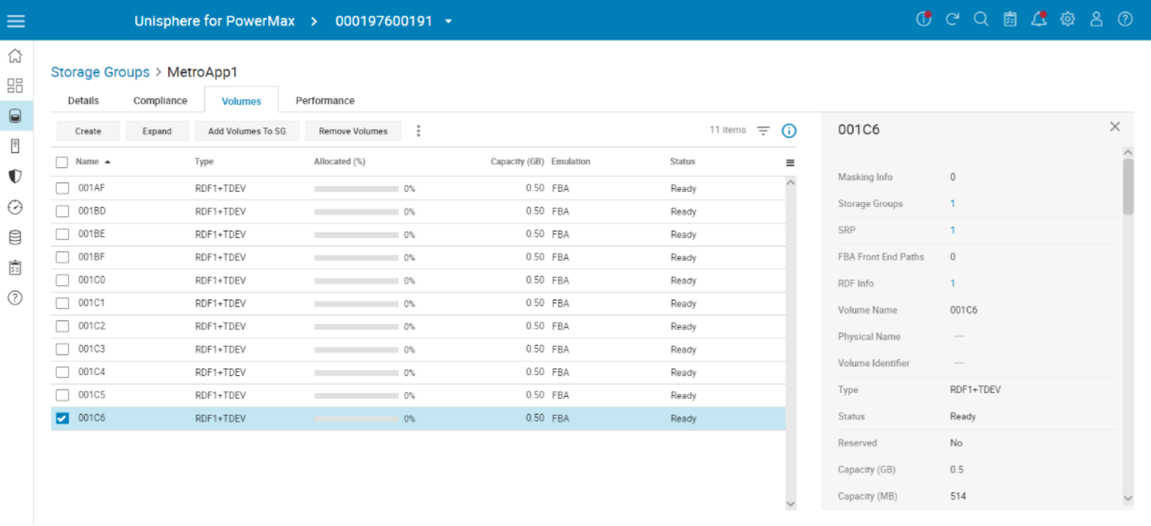 Liosting of volumes in MetroApp1 Storge Group.  Volume 001C6 Selected.