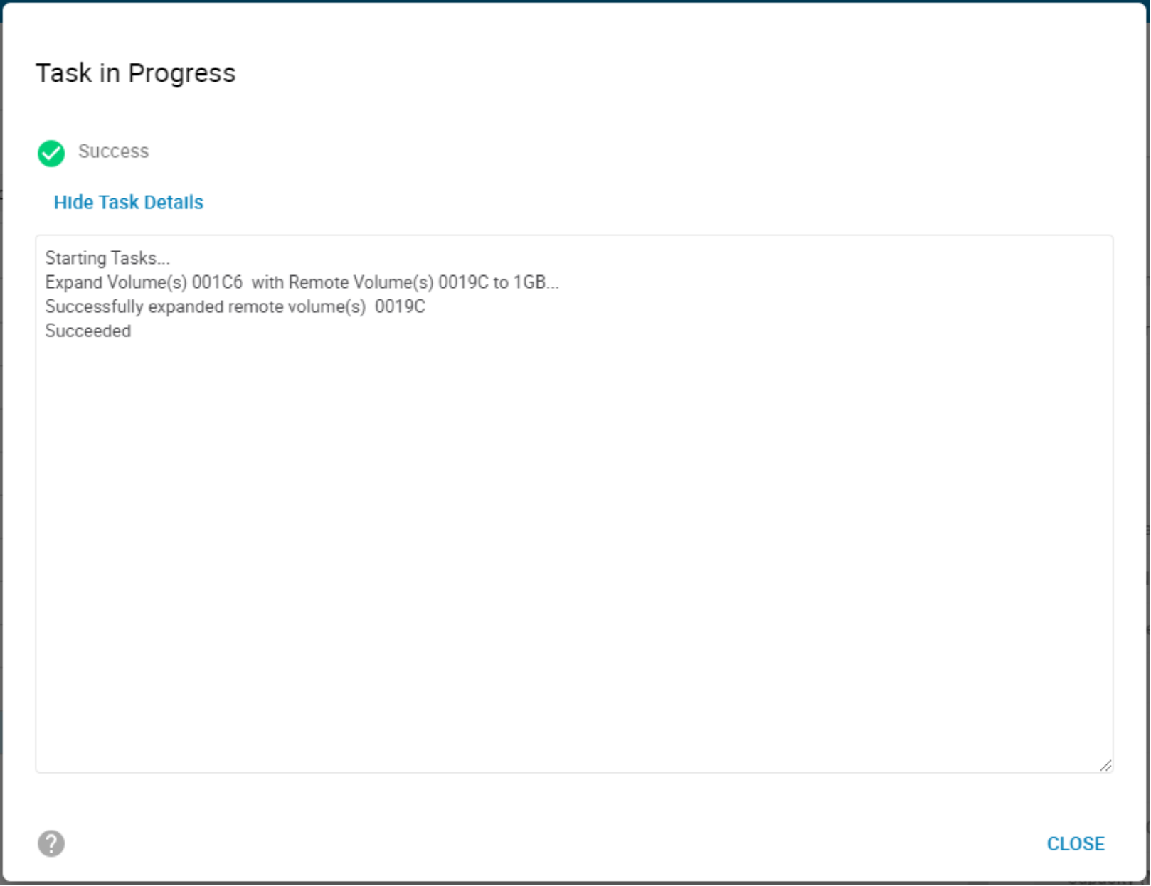 Task Summary Dialog showing Success.  Both local and remote volumes are expanded to new size.