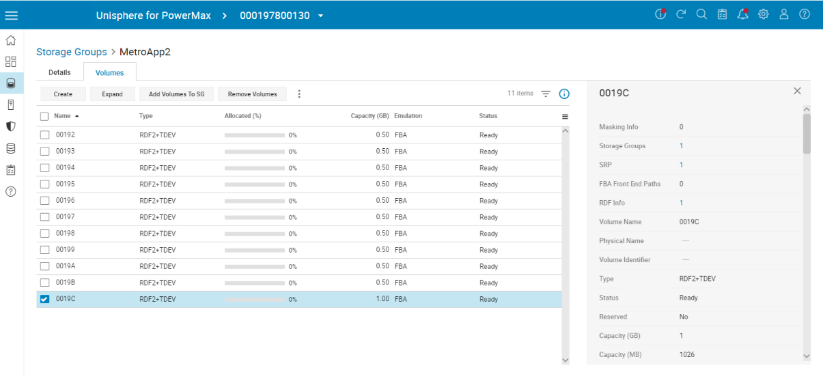 volume listing on remote array showing R2 volume 0019C with matching increased size