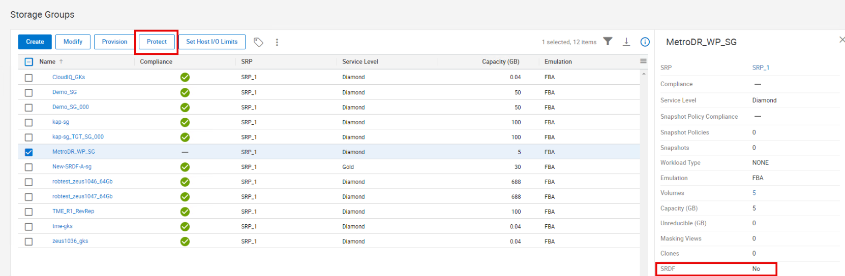 Screenshot selecting storage group and data protection wizard.