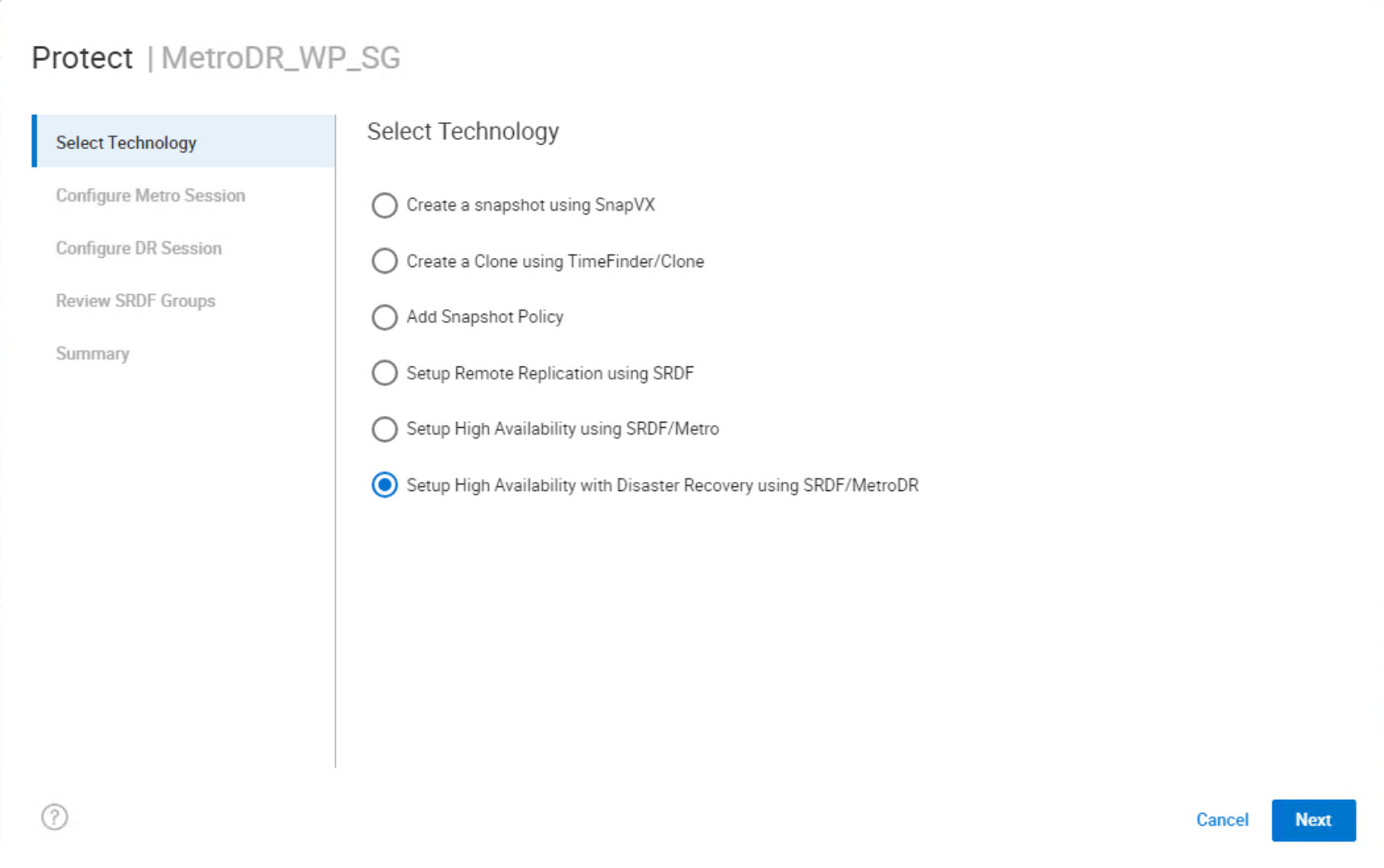 Screen shot Data Protection Wizard, User has selected Setup High Availability with Disaster Recovery using SRDF/MetroDR