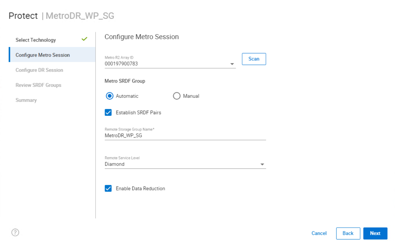 Screenshot selecting Configuration options for Metro Session, Default Options Selected.