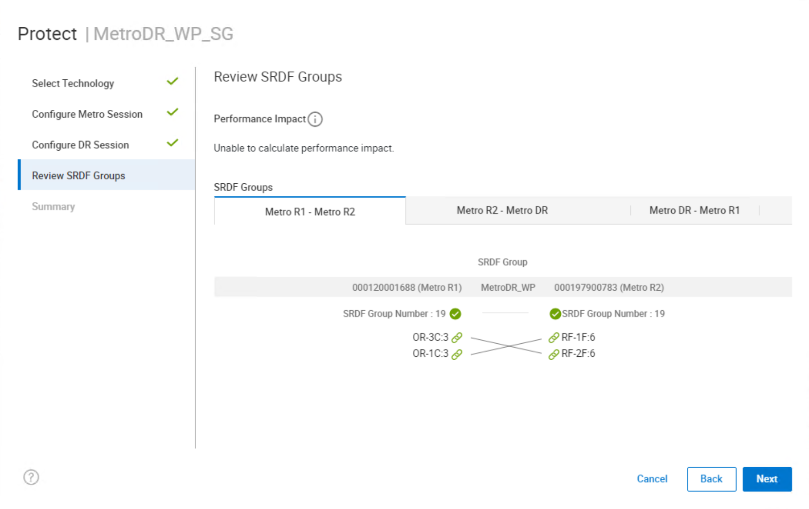 Screenshot reviewing SRDF Groups