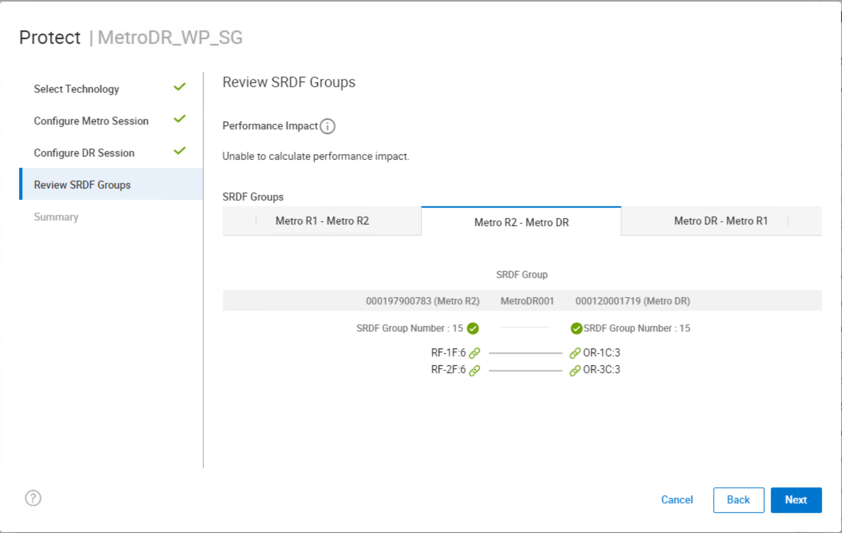 Screenshot reviewing SRDF Groups