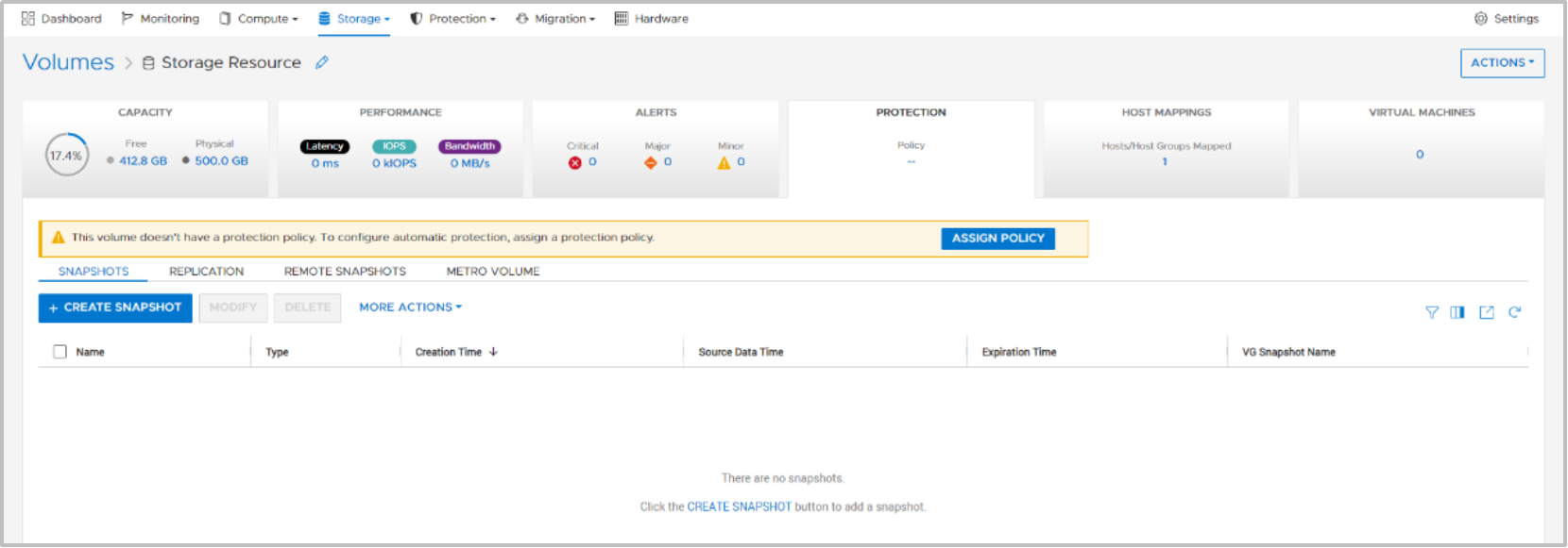 The protection tab within the properties of a volume is shown. Here, Create Snapshot is available to manually create a snapshot on the resource.