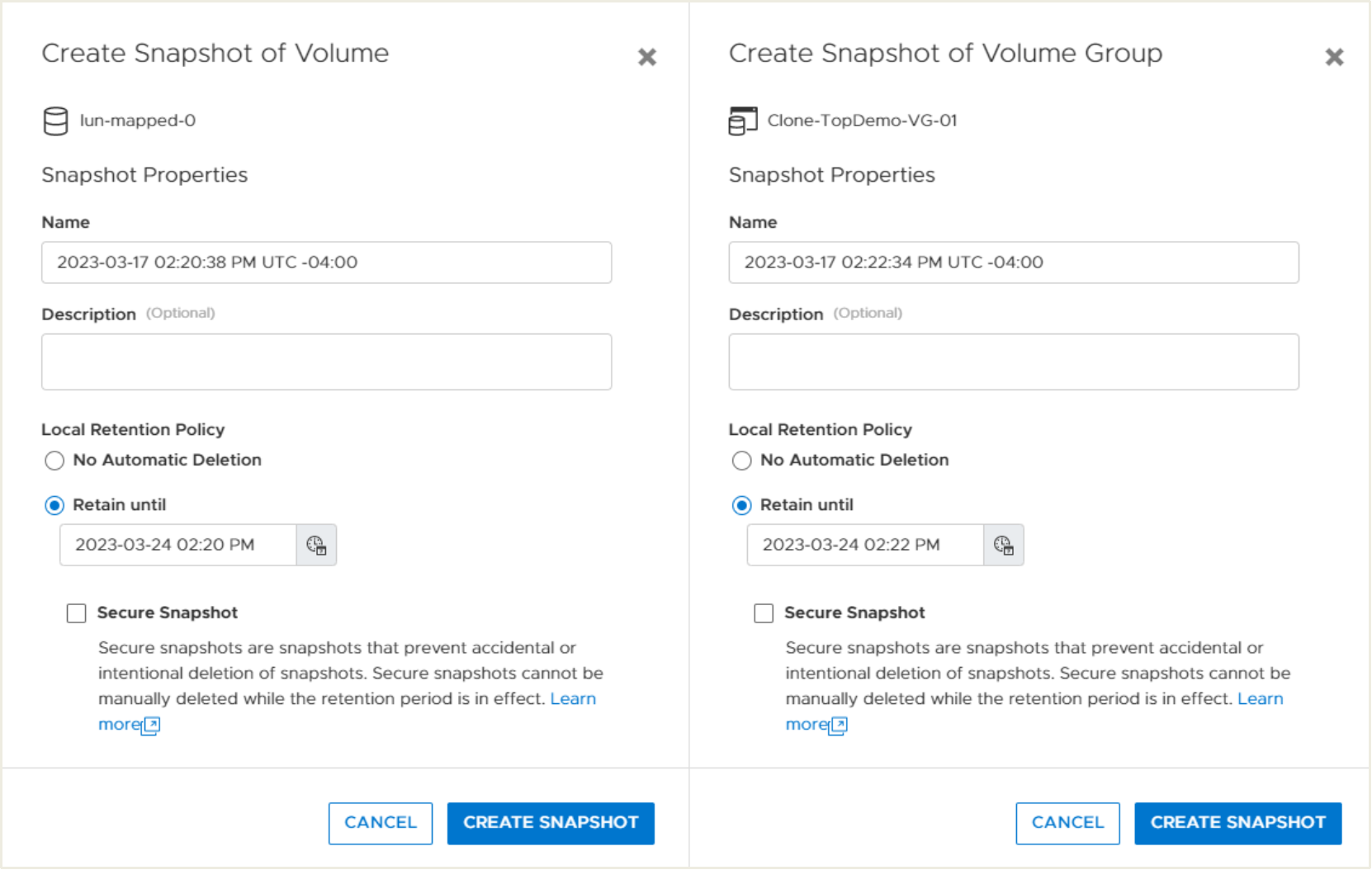 Shown are the create snapshot windows for a volume (left) and a volume group (right).