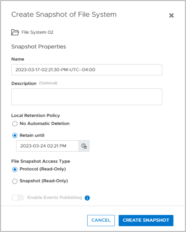 Shown is the create snapshot window for a file system.