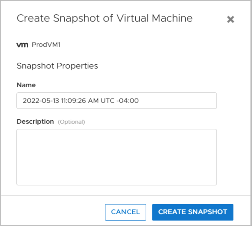 The create snapshot of a virtual machine window is shown.