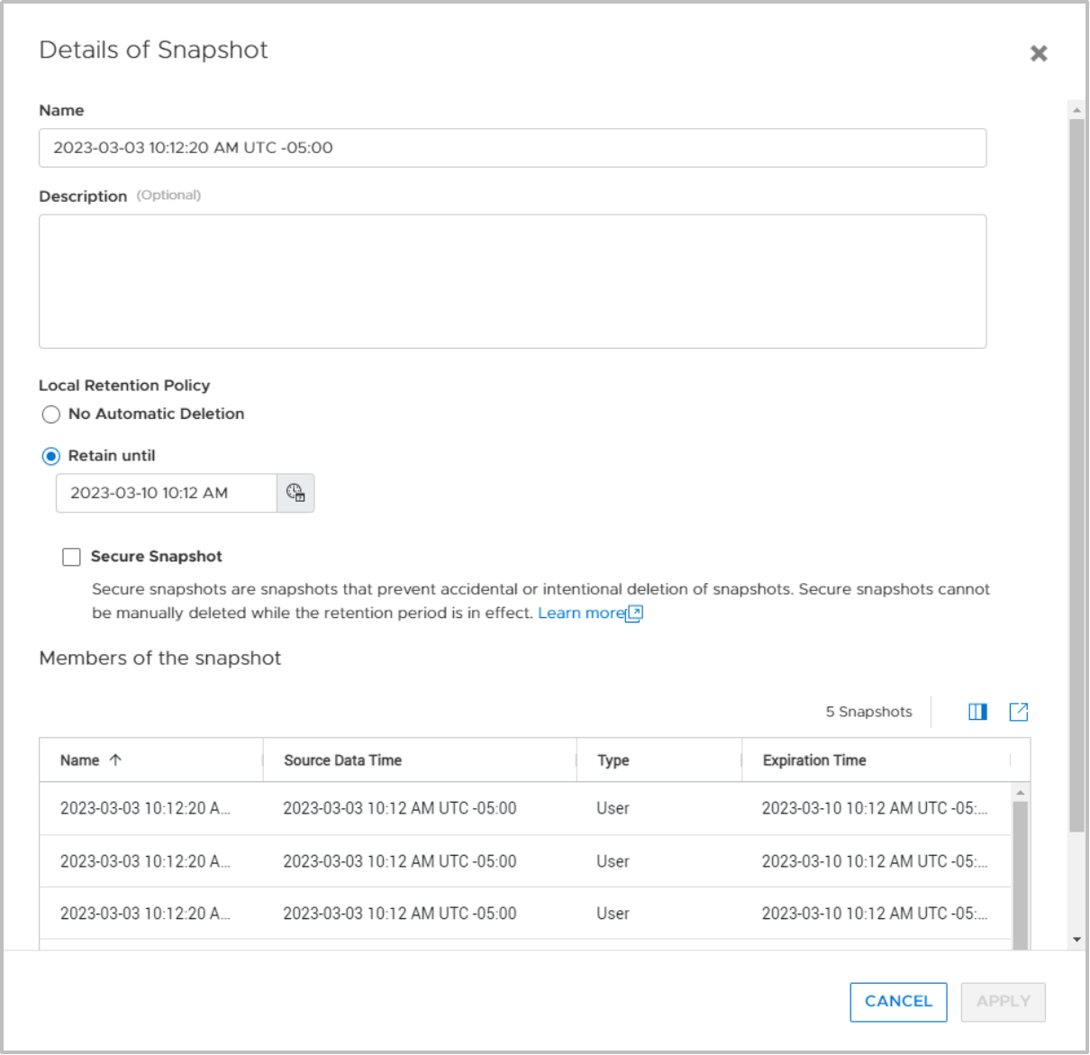 The details of snapshot page shown for a snapshot of a volume group.