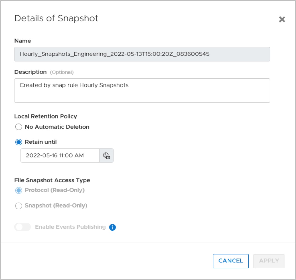 The details of snapshot page shown for a snapshot of a file system.