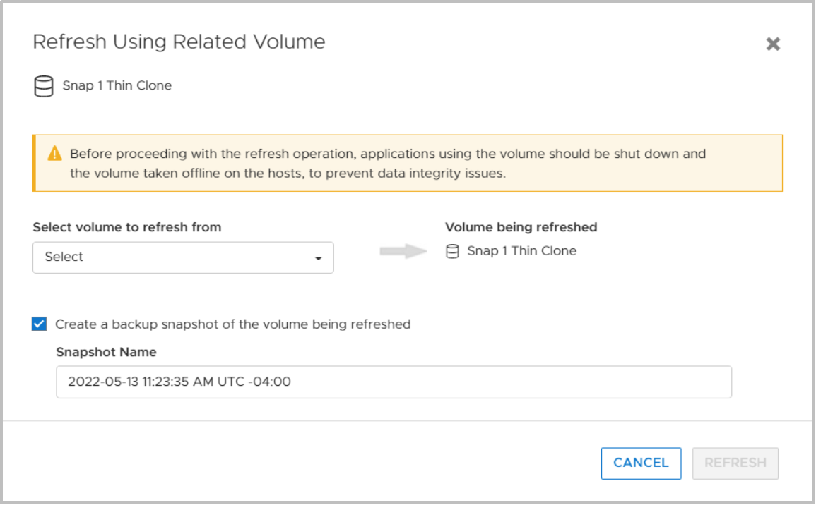 The Refresh Using Related Volume window, which allows the data within a thin clone to be refreshed from another member of the family.