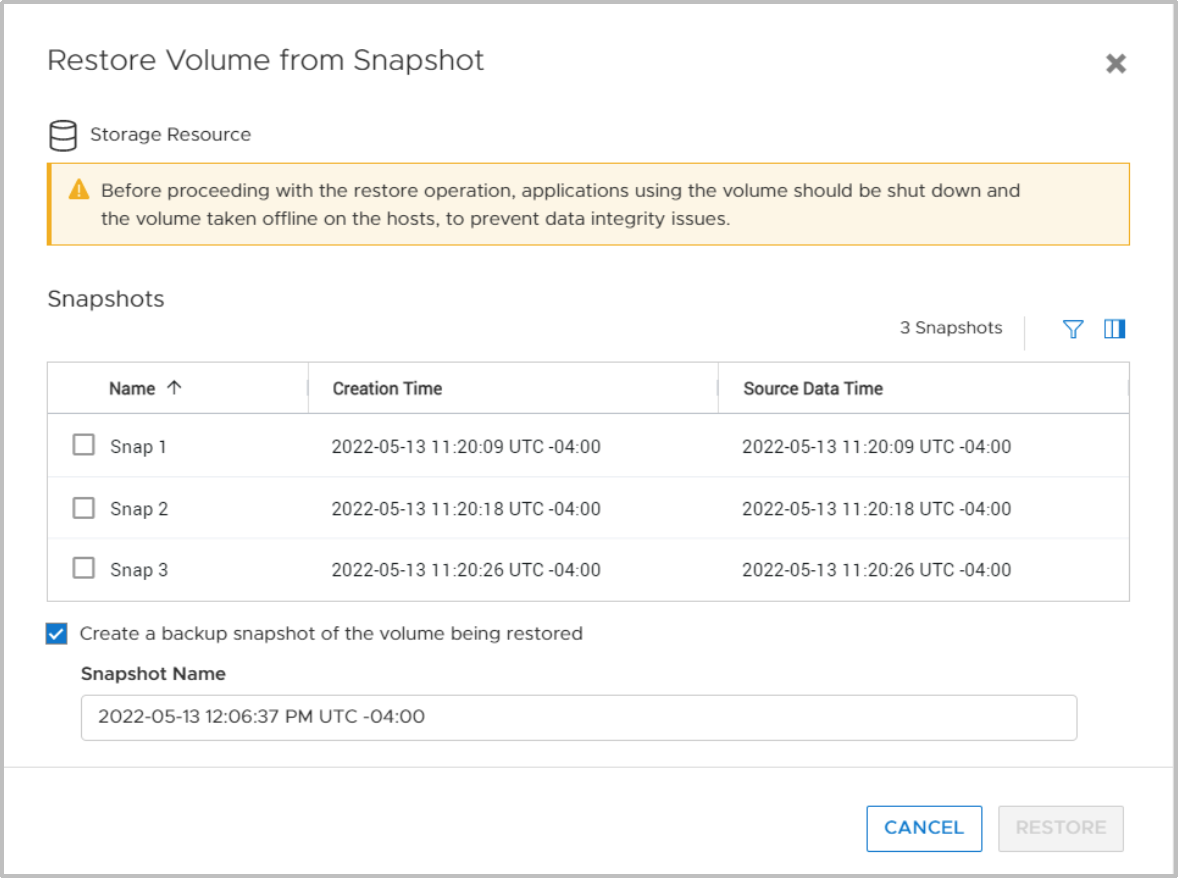 In the Restore Volume from Snapshot screen, the user selects which snapshot to restore from, if they want a backup snapshot taken, and the snapshot's name.