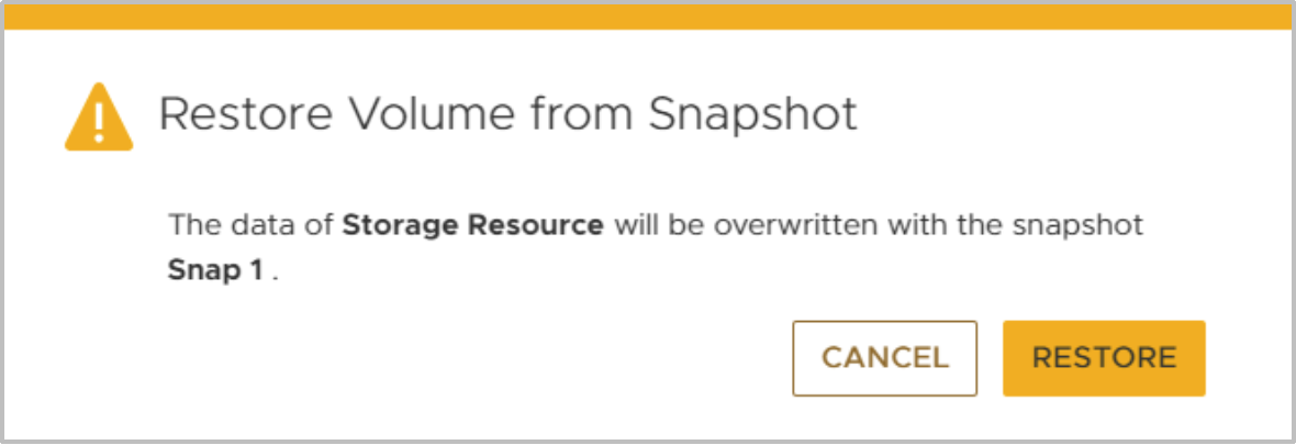 The Restore Volume from Snapshot confirmation window informing the user that data will be overwritten.