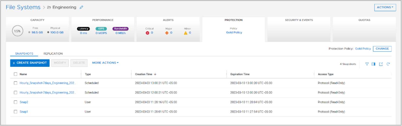 The Access Type for snapshots created on a file system can be found within the properties of the file system on the Protection > Snapshots page. You may need to add the Access Type column to the view.