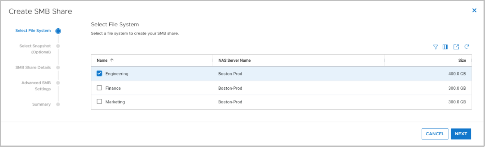 If SMB access to a protocol snapshot is required, a new SMB share can be created. This step shows the selection of the parent file system when creating an SMB share.