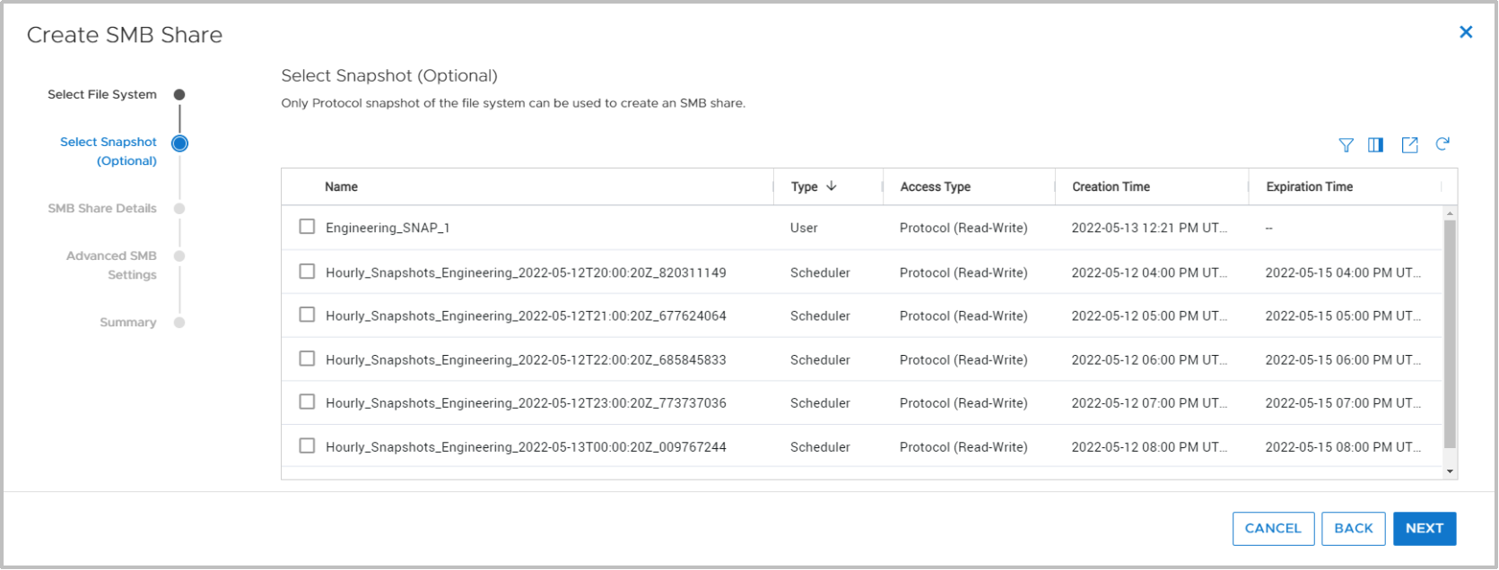 When creating an SMB Share, the Select Snapshot step allows the user to select which snapshot to create the share on. This step is optional, and can be skipped if a share is just being created on the parent file system.