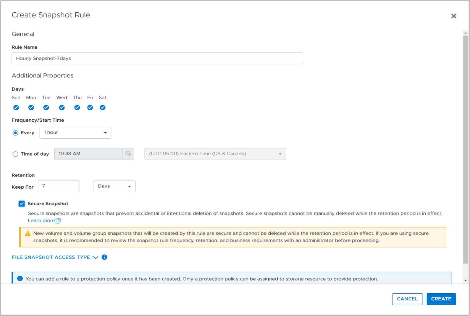 The Create Snapshot Rule window in PowerStore Manager, which shows the location for the previously discussed options.