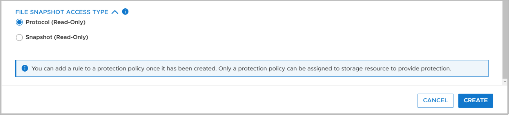 In the Create Snapshot Rule window the user can select which type of file system snapshot will be created by the rule. An example of the setting is shown here.