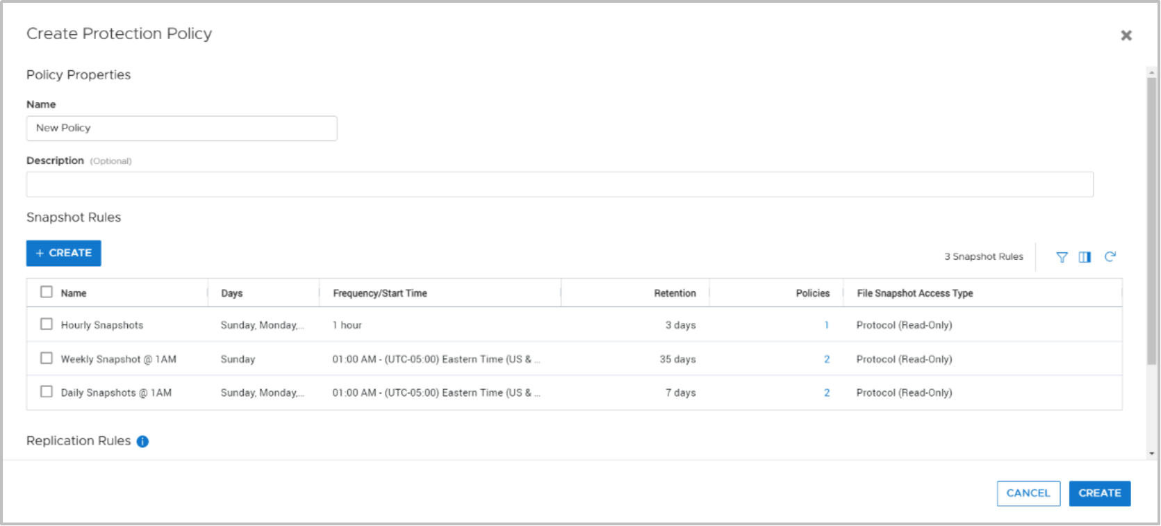 The Create Protection Policy window, which is where the user specifies configuration information for the policy being created.