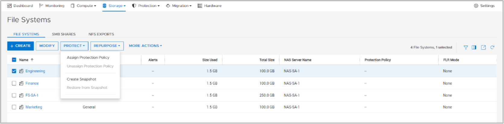 When a resource is selected, the Protect option allows the user to add or remove a protection policy from the resource page. The options available in this menu depend on the resource type.