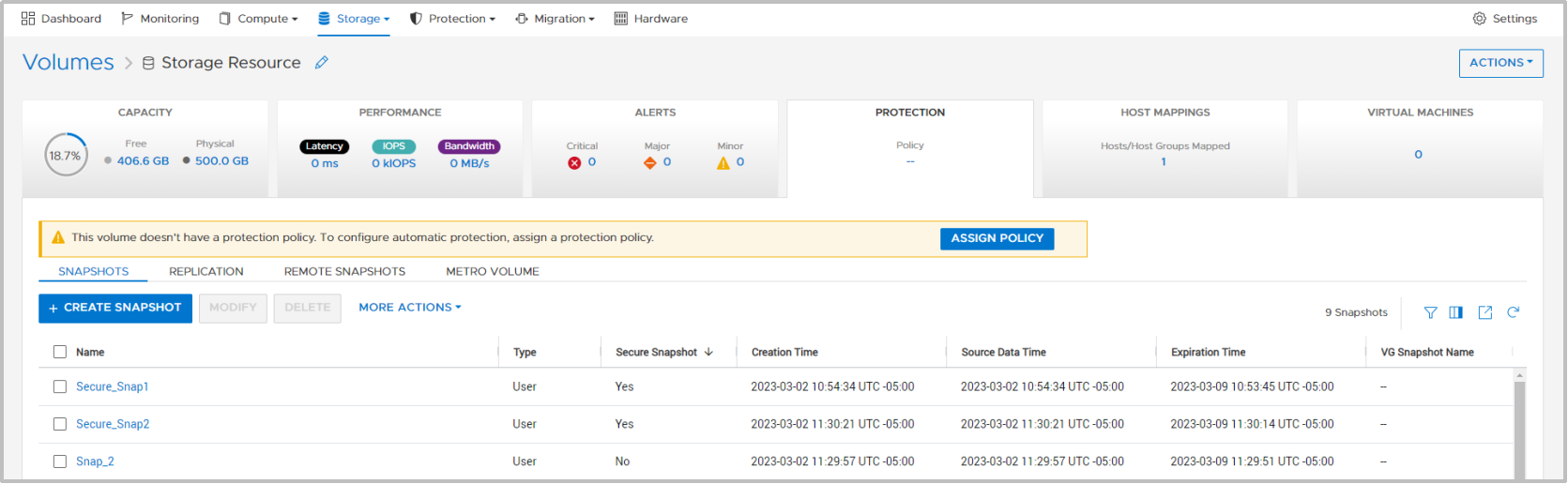 Within the properties of a storage resource, a protection policy can e assigned from the Protection tab.