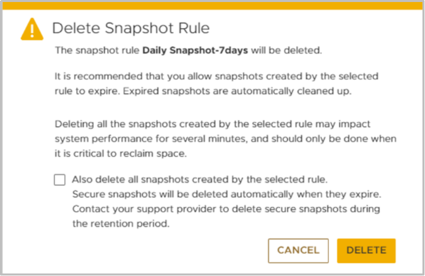 When deleting a snapshot rule, the user can choose to also delete all snapshots created by the rule.