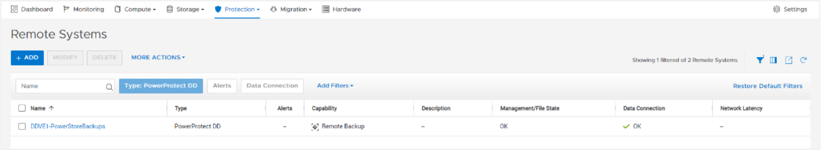 An example of a PowerProtect DD system on the Remote Systems page.