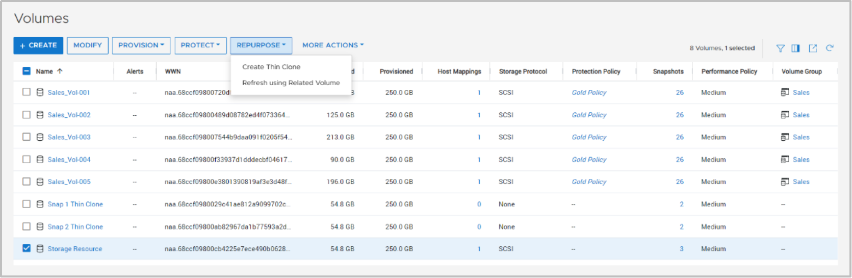 On the Volumes page, a user can select the check-box for a resource and use the Create Thin Clone option under More Actions to create a thin clone at any time.