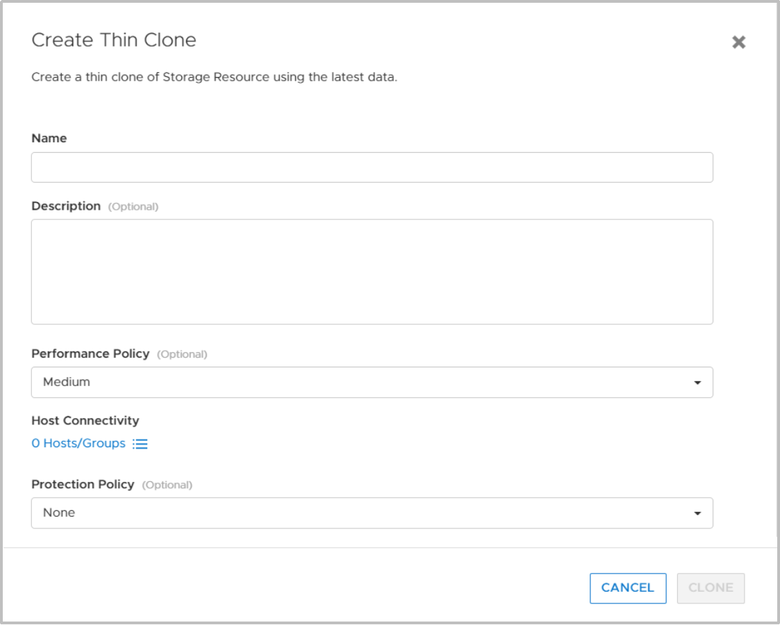 The Create Thin Clone window allows users to configure the previously discussed options.