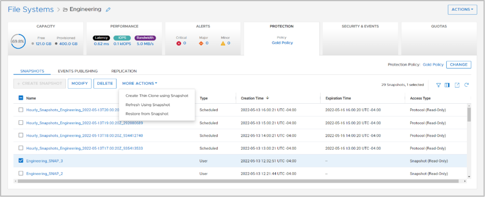 To create a thin clone of a snapshot, select the checkbox for the snapshot > More Actions > then select the Create Thin Clone using Snapshot option.