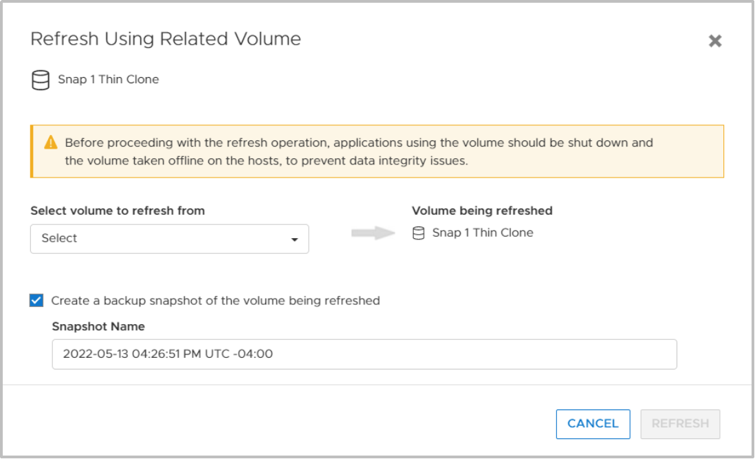 When refreshing the data using a related volume, the user can select a resource within the same family as the source of the data.