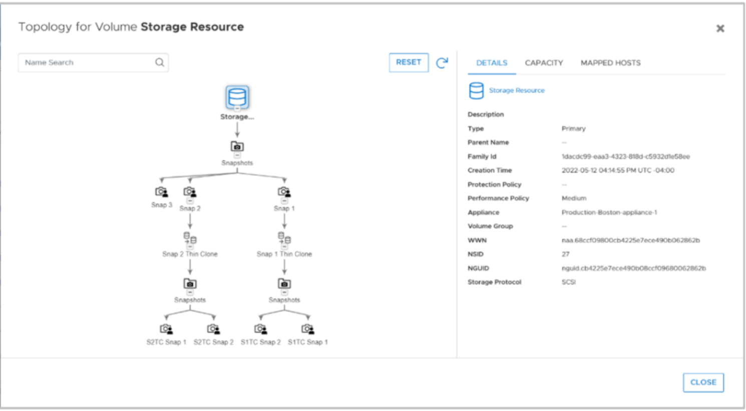 The View Topology window example for a volume. This shows the hierarchy for the snapshots and thin clones under the resource.