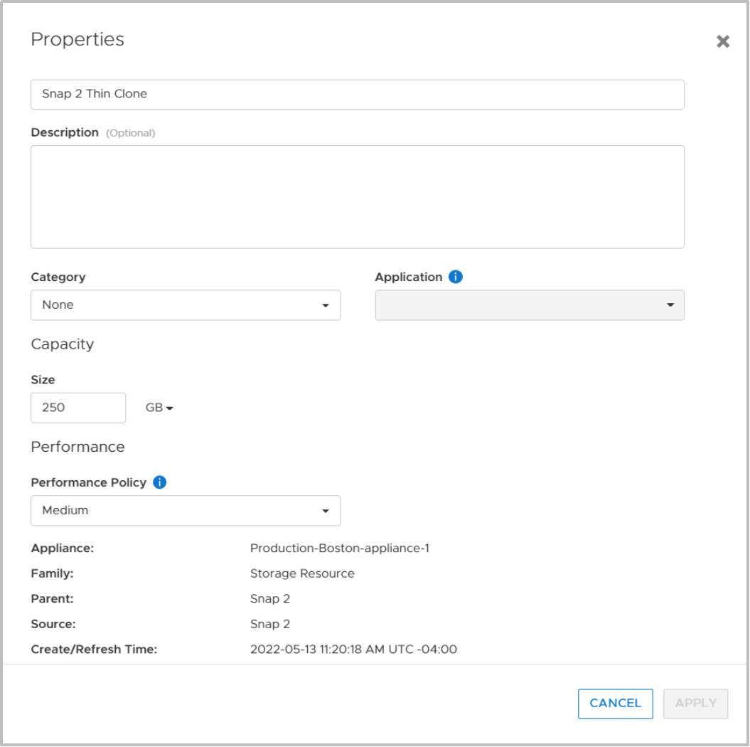 The properties of a thin clone, which allows users to modify some settings for the resource.