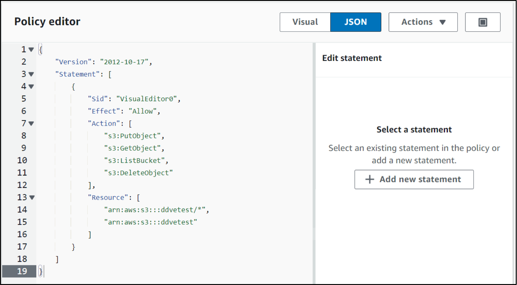 Policy editor page in AWS console to add policy configurations in JSON.