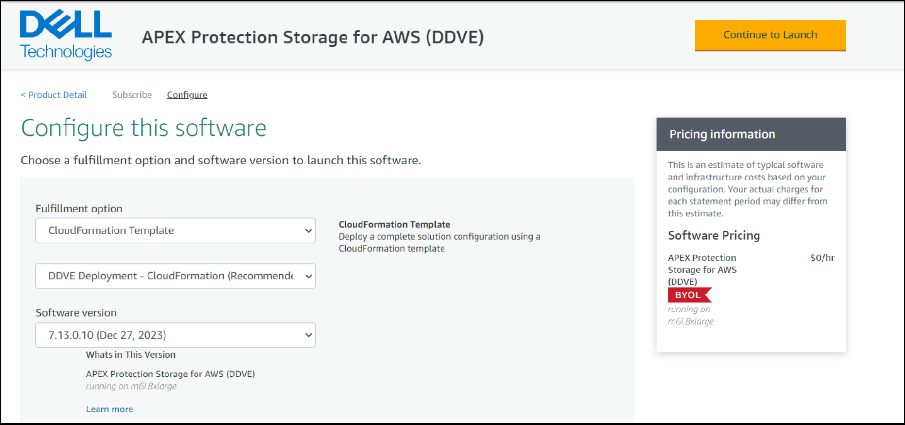 Image showing the option to choose fulfillment option and software version for  DDVE launch. 