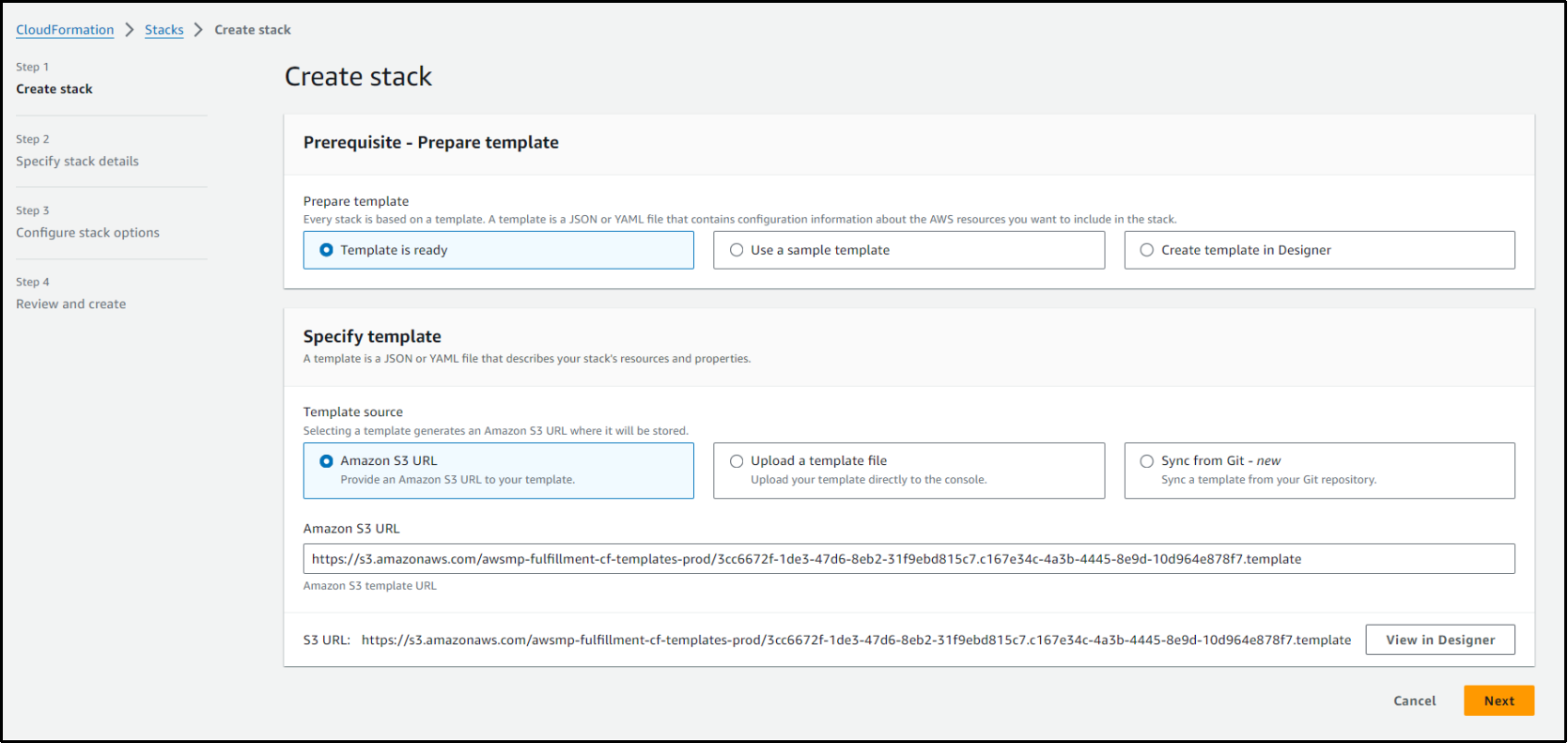 Image showing the create stack option with prerequsites to prepare the template and to specify the template source as Amazon S3 URL.