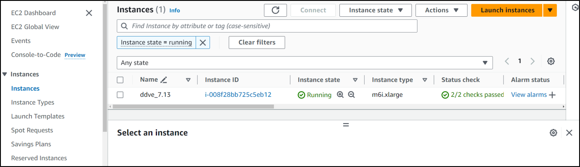 Image showing the DDVE instance is successfully running from EC2 dashboard after successful deployment.