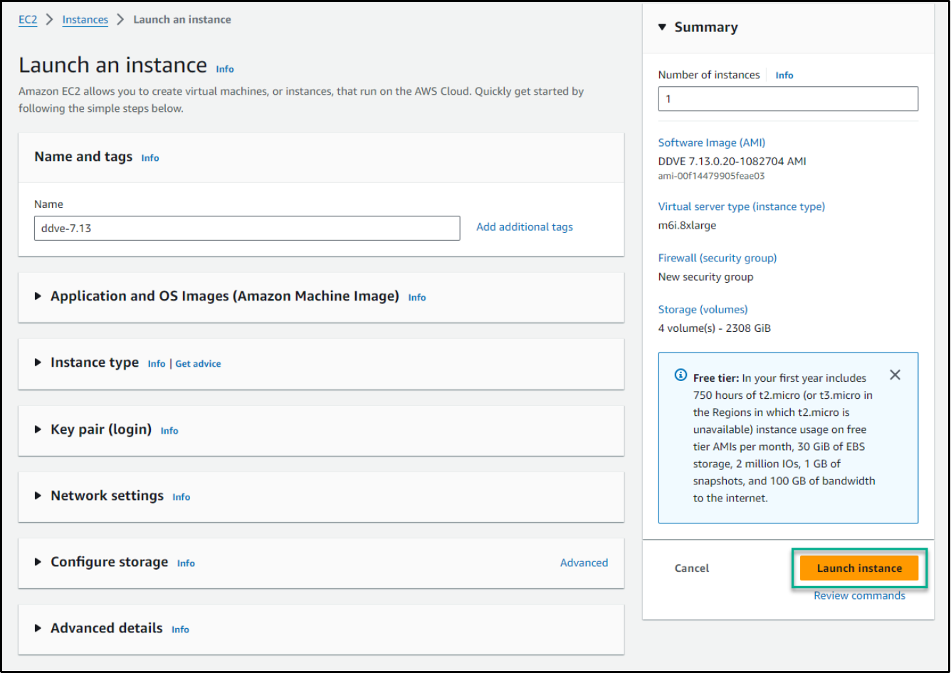 Image showing option to review the configuration details and to launch the instance.