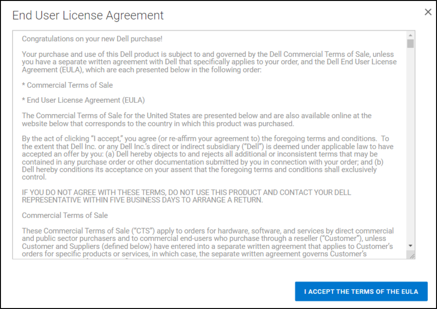 Image showing the End User License Agreement and option to accept the EULA.