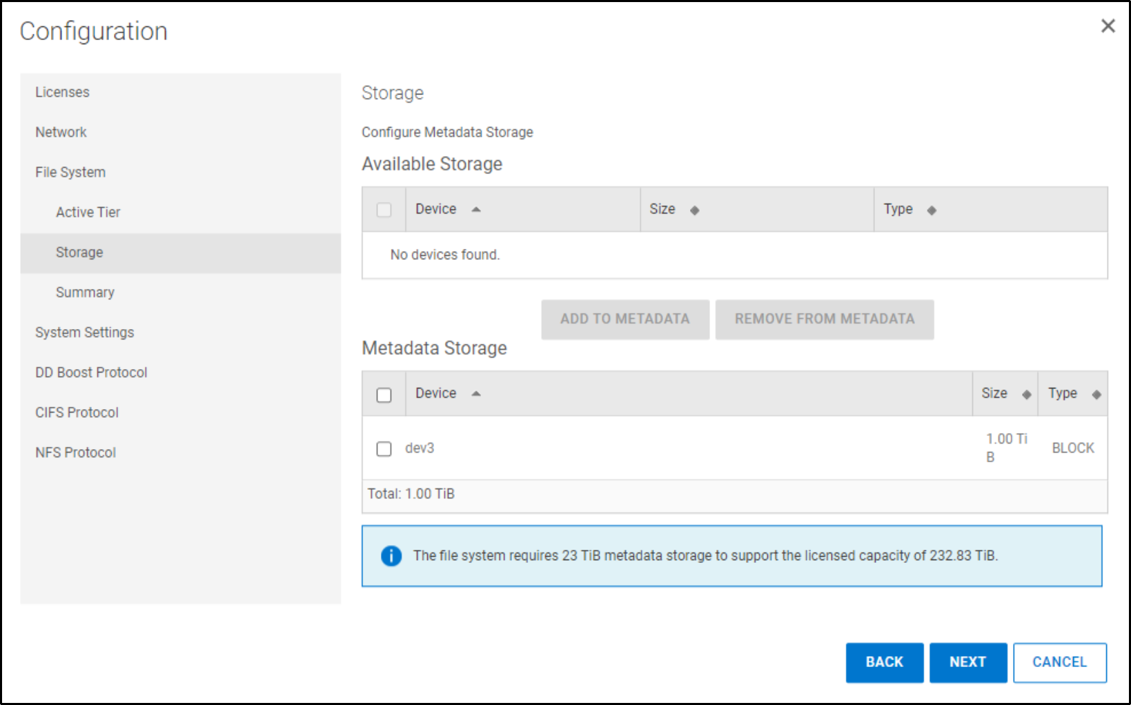 Image showing option to configure and add metadata disk storage.