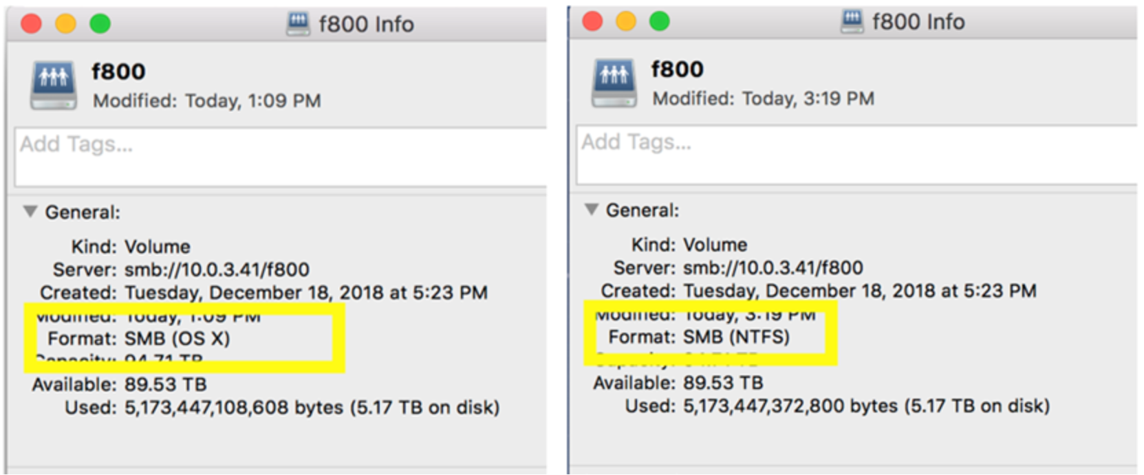 Showing info from macOS of a PowerScale mount with and without Apple extensions enabled.