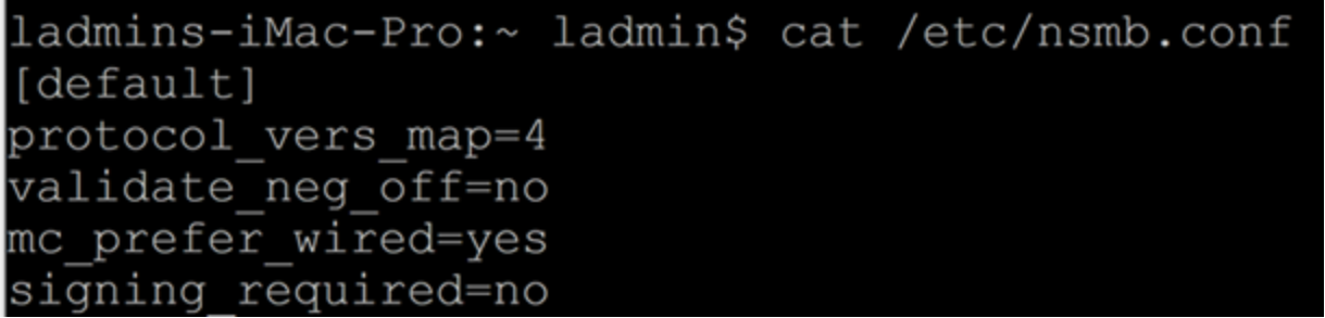 This screenshot shows the contents of /etc/nsmb.conf file.