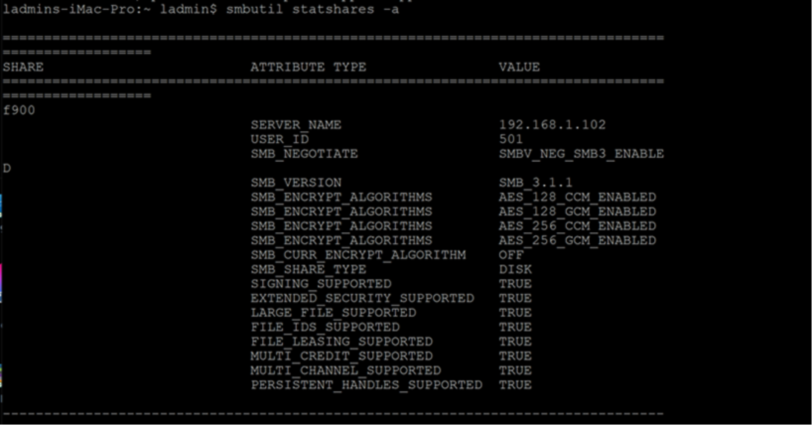 This screenshot shows the output of the smbutil command.